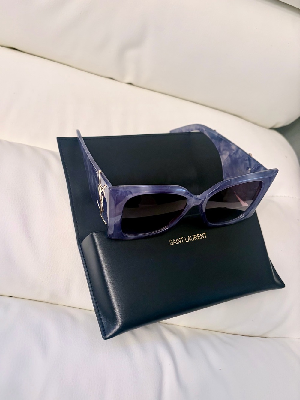 Saint Laurent Denim Marble Cat-Eye Sunglasses with Gold YSL Logo and Tinted Lens